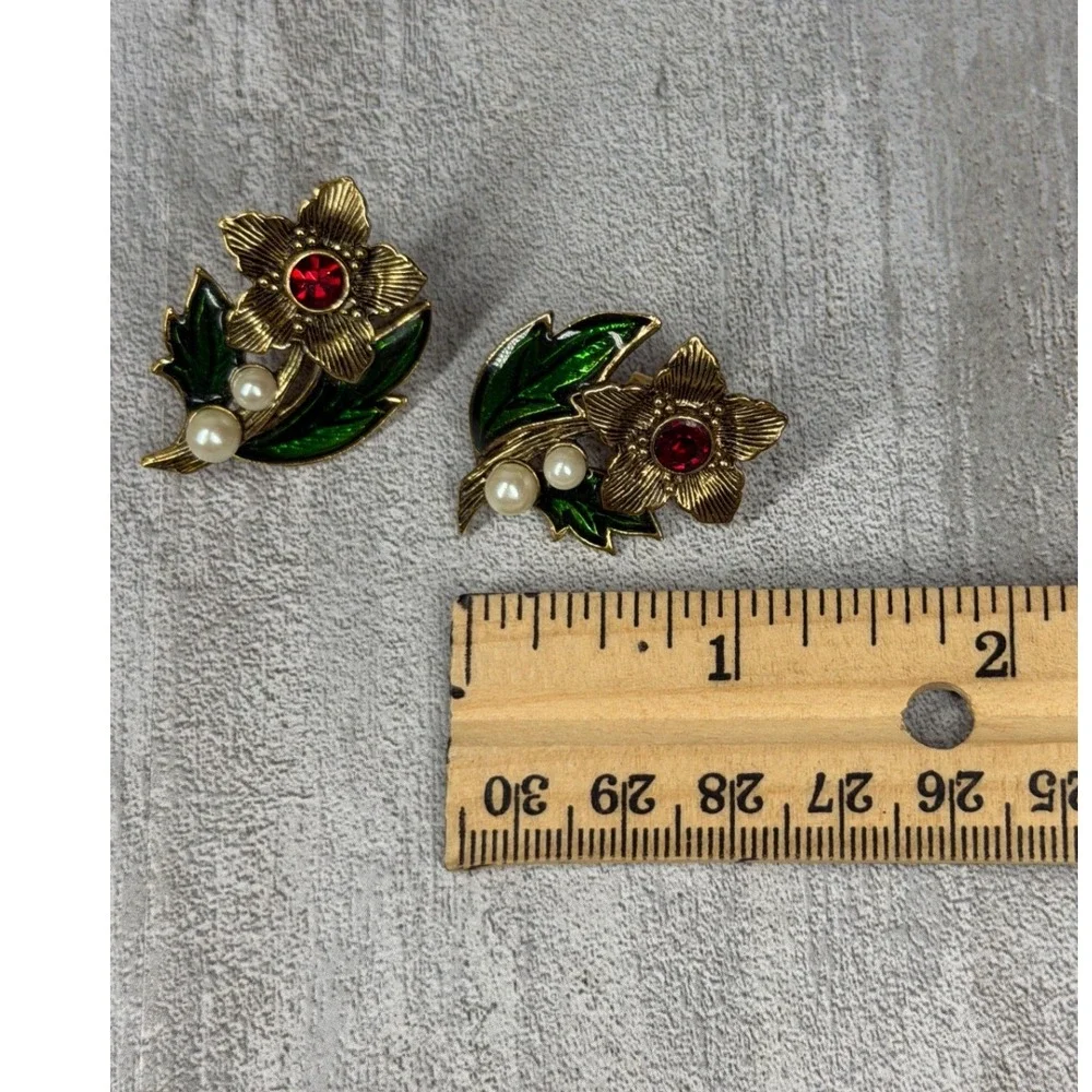 Vintage AVON Floral Brooch Earrings Set Gold Silver Tone Red Rhinestone Enamel